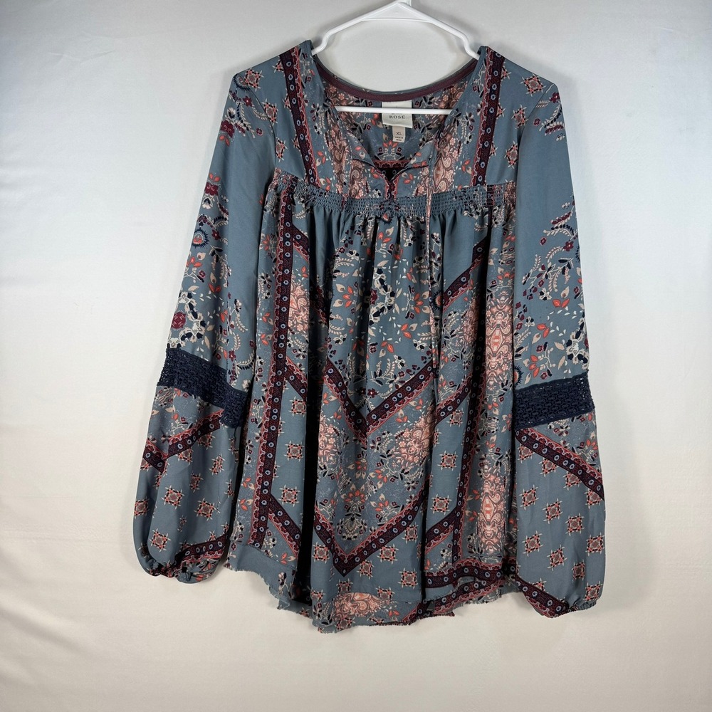 Knox Rose Boho Floral Peasant Top Blue Balloon Sleeve Lace XL